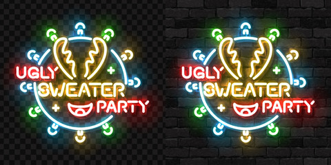 Vector realistic isolated neon sign of Ugly Sweater Party logo for decoration and covering on the wall and transparent background. Concept of Merry Christmas and Happy New Year.