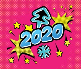 Happy new year greeting Festive Numbers Design in pop art style. Happy New Year Banner with 2020 numbers for greeting card, calendar 2020. Hashtag 2020. Vector illustration 