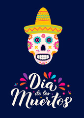 Dia de los Muertos calligraphy hand lettering with sugar skull, guitar and maracas. Mexican holiday Day of the Dead typography poster. Vector template for greeting card, banner, poster, invitation.