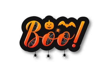 Boo hand lettering sticker with pumpkin, bat and spiders isolated on white. Easy to edit vector template for Halloween greeting card, banner, typography poster, party invitation, t-shirt, etc.