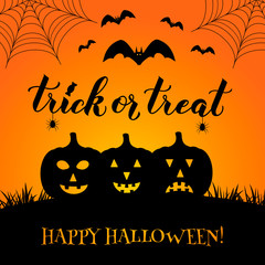 Trick or Treat Halloween quote hand lettering with pumpkins, bats, spiders and web. Easy to edit vector template for greeting card, banner, typography poster, party invitation, postcard, etc.