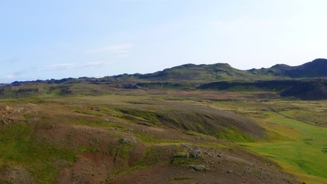 Aerial view of beautiful scenery with view to volcanic hills in Iceland