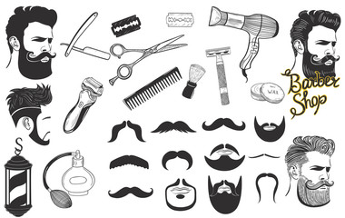 Set of signs and icons for barbershop isolated on a white background. Vector graphics. - obrazy, fototapety, plakaty