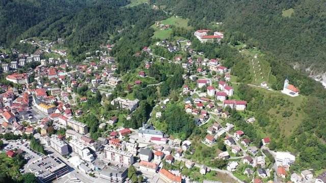 Picturesque aerial view of Idrija town center in sunny autumn day, Gorizia, Slovenia