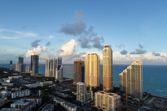 Aerial view of seascape sunset. Sunny Isles, Miami, United States. Great landscape. Vacation travel. Tropical travel.