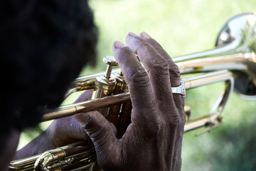 Trumpet player hand closeup