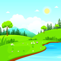 Nature Landscape Vector with lake, or sea view Illustration design, cute, lovely, adorable and scenery landscape design