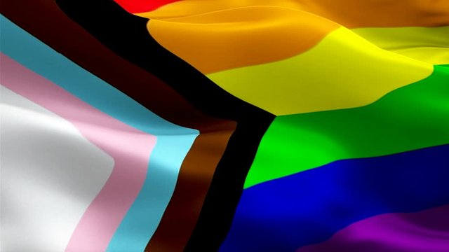 Progress Pride flag seamless loop. Progress LGBT flag Closeup 1080p Full HD 1920X1080 footage video waving in wind. Pride 3d Progress flag waving. Sign of Rainbow seamless loop animation.Progress flag
