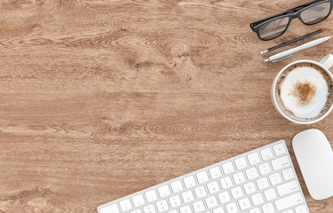 Keyboard, coffee cup, glasses, pen and pencil on wood office desk table, top view, copy space, 3d rendering