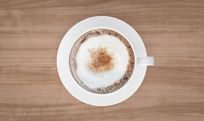 Top view coffee cup on wooden table background, 3d rendering