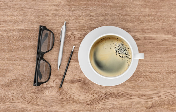 Coffee mug and glasses on wooden office desk, 3d rendering