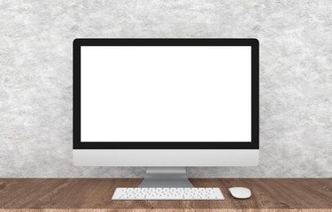 Computer with blank screen on wooden table and cement background, 3d rendering