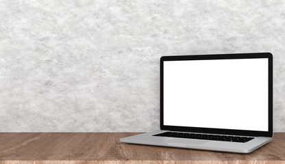 Laptop with blank screen on wooden table and cement background, copy space, 3d rendering