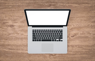 Laptop with blank screen on wooden table, 3d rendering
