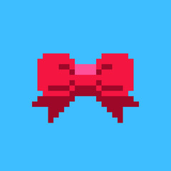 Obraz premium Red bow icon. New Year greeting card design. Pixel art style. Isolated vector illustration. Game assets 8-bit sprite. Design for stickers, web, mobile app.