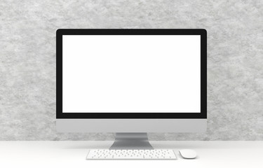 Computer with blank screen on white table and cement background, 3d rendering