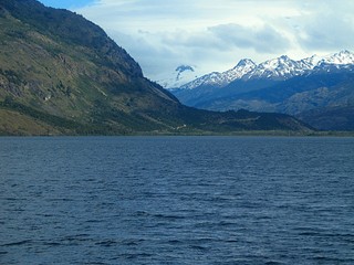 General Carrera lake, located in Chilean Patagonia. A landscape with lake, hills and snowy mountains in southern Chile