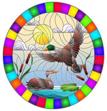 Illustration in stained glass style with ducks on a pond in the reeds against the cloudy sky and the sun, oval image in bright frame 
