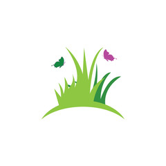natural green grass with butterfly logo icon design template