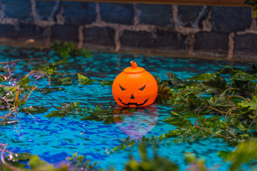 Orange Halloween pumpkin jack o lantern with horrible smile 