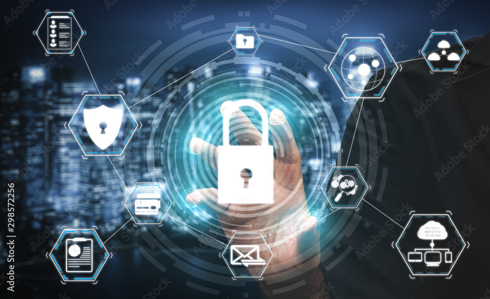 Poster cyber security and digital data protection concept. icon graphic interface showing secure firewall t