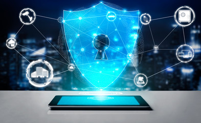 Cyber Security and Digital Data Protection Concept. Icon graphic interface showing secure firewall...