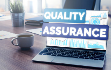 Quality Assurance and Quality Control Concept - Modern graphic interface showing certified standard...