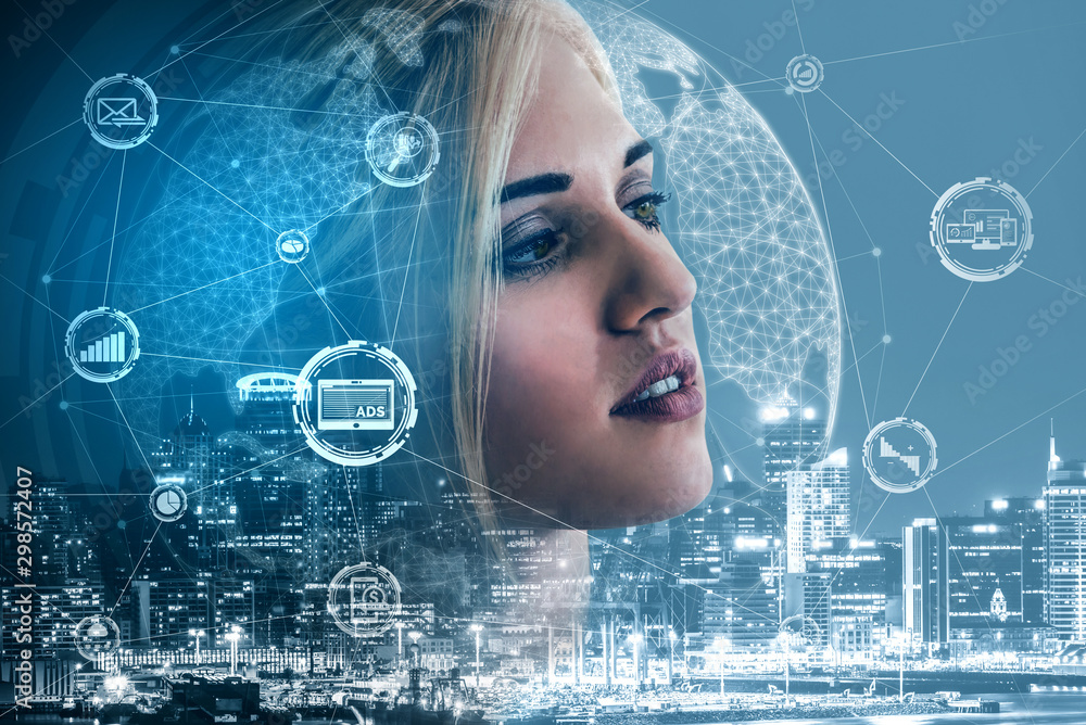 Sticker digital marketing technology solution for online business concept - graphic interface showing analyt