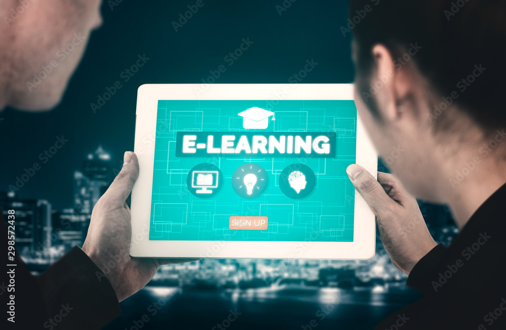 Aufkleber e-learning and online education for student and university concept. graphic interface showing techno