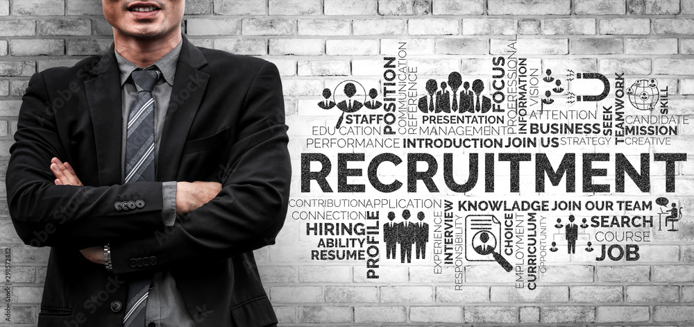 Poster human resources recruitment and people networking concept. modern graphic interface showing professi