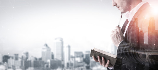 Double Exposure Image of Business Person on modern city background. Future business and...