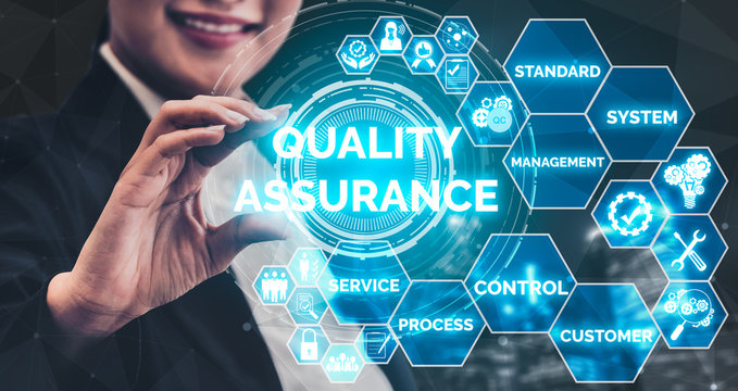 Quality Assurance and Quality Control Concept - Modern graphic interface showing certified standard process, product warranty and quality improvement technology for satisfaction of customer.