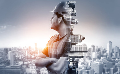 Future building construction engineering project concept with double exposure graphic design. Building engineer, architect people or construction worker working with modern civil equipment technology. - obrazy, fototapety, plakaty