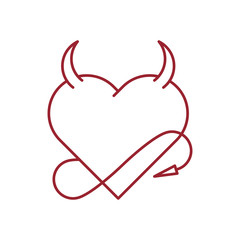 Devil's heart with horns and a tail. Outline thin line flat illustration. Isolated on white background. 