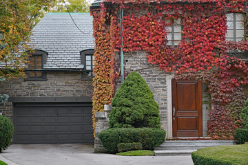 Traditional two story stone house with attached garage and colorful ivy in fall.