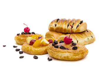 danish pastry with fruits isolated on white background