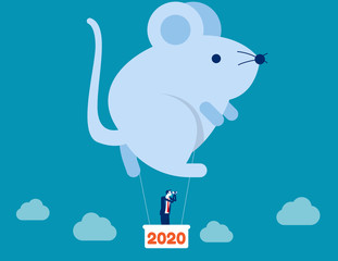 Rat hot air balloon with business 2020. Concept business vector illustration