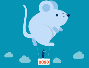 Rat hot air balloon with business 2020. Concept business vector illustration