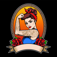 rockabilly girl with tattoo vector - obrazy, fototapety, plakaty