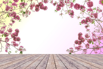 Top desk with pink trumpet flower,wooden table