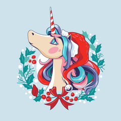 Illustration Cute Unicorn-Santa on Christmas wreath background