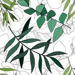 Vector Eucalyptus leaves branch. Black and white engraved ink art. Seamless background pattern.