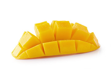 Mango cubes and slices Isolated on white background