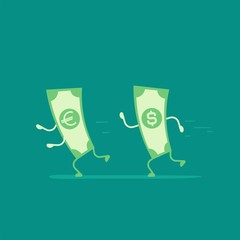 Green dollar banknote chasing euro cash. Money running. Flat vector illustration on blue.