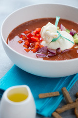 Gazpacho soup with burrata cheese served in a white bowl, close-up, selective focus, vertical shot