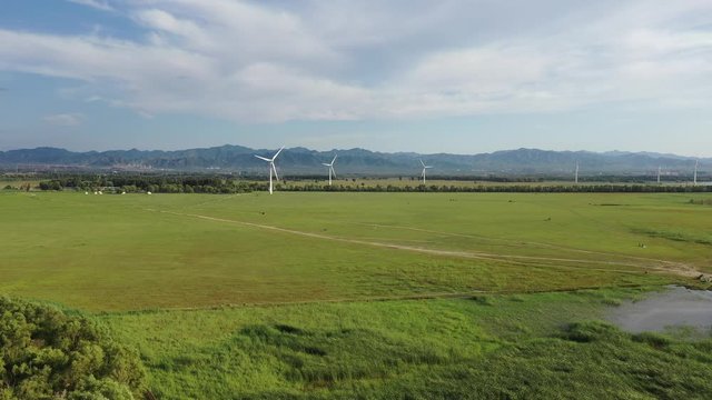 Aerial View Of Clean And Renewable Wind Power Farm at Beijing suburbs.