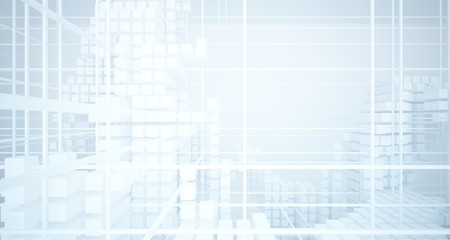 Abstract white architectural interior from an array of white cubes with large windows. 3D illustration and rendering.