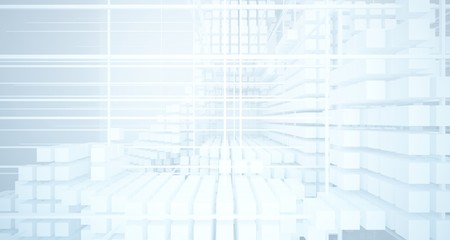 Abstract white architectural interior from an array of white cubes with large windows. 3D illustration and rendering.