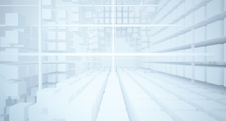 Abstract white architectural interior from an array of white cubes with large windows. 3D illustration and rendering.