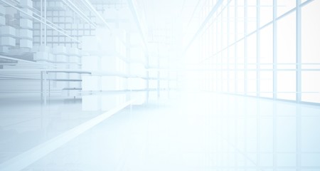 Abstract white architectural interior from an array of white cubes with large windows. 3D illustration and rendering.